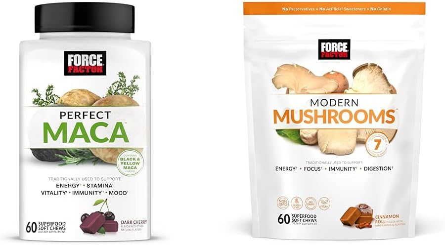 Force Factor Maca & Mushroom Supplements with 7 Mushrooms, Maca Root, Vitamins, 60 Soft Chews Each
