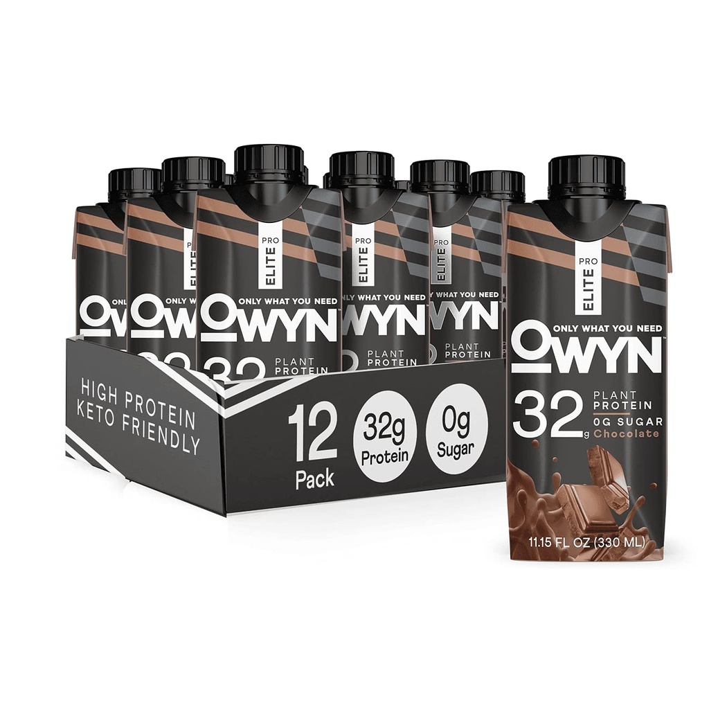 OWYNプロエリートビーガンハイプロテインシェイク, チョコレート, 32g植物ベースのタンパク質, 繊維と, プレバイオティクス, スーパーフードグリーン, ワークアウトと回復, 0gネットカーブ, ゼロ砂糖, Keto (12パック)