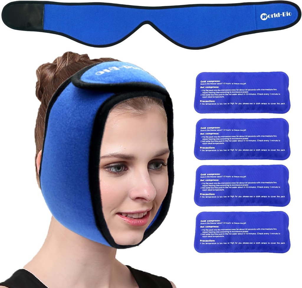 TMJ、Wisdomの歯、頭部、チン、口頭および顔の外科のための4 Reusable熱い風邪療法のゲルのパックが付いている世界生物顎の覆い、膨張のための痛みの軽減、傷害、歯科インプラント