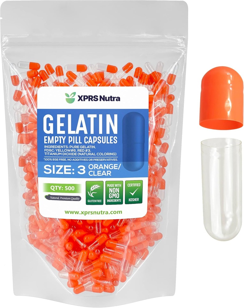 XPRSのNutraのサイズ3の空のカプセル- 500の計算の空のゼラチンのカプセル-Pills DIYのカプセルの詰物-純粋な牛の丸薬のゲルの帽子は-それあなたの自己のビタミンおよび補足を(オレンジ/明確)満たします