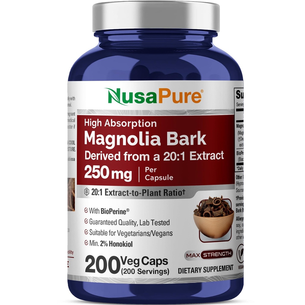 NusaPure Magnolia Bark 20:1 エキス, 250 mg 5,000 mg 200 ビーガンカプセル非GMO