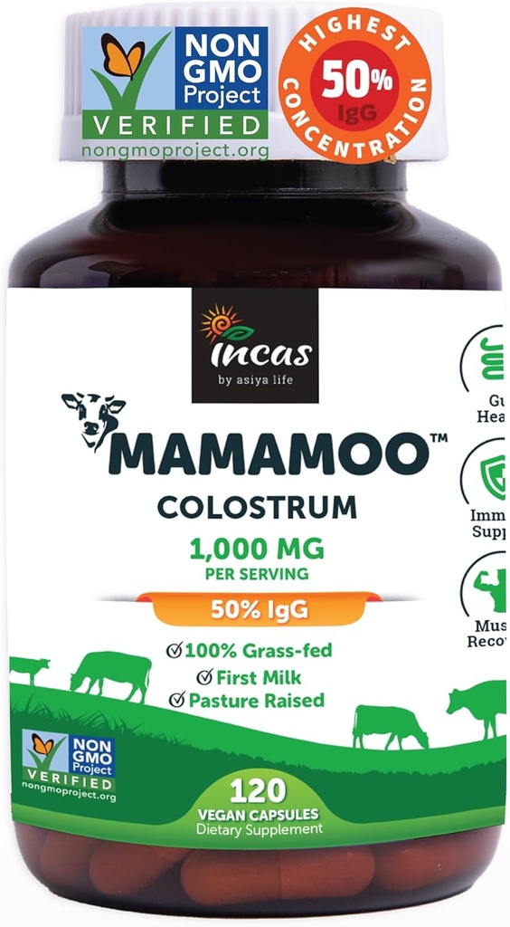 MamaMooTM の Colostrum の粉 >50% IgG の草の送りました、最初の非 GMO によって確認される Colostrum の腸の健康の膨らみの免除の皮及び毛は 400+ の生物活動的な栄養素、第三者の実験室によってテストされる (120 カプセル)を含んでいます
