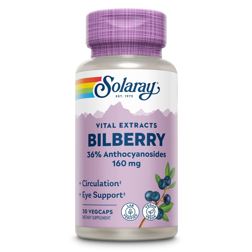 SOLARAY Bilberry Extract 160 mg, 目の健康 & 循環サポート, 36% アントシアノシドプラスブルーベリー, ビーガン, 30 VegCaps