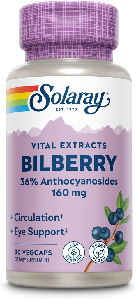 SOLARAY Bilberry Extract 160 mg, 目の健康 & 循環サポート, 36% アントシアノシドプラスブルーベリー, ビーガン, 30 VegCaps