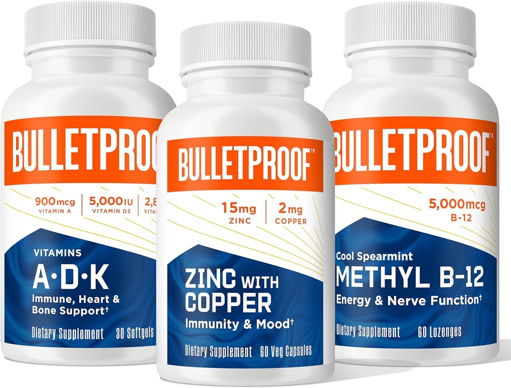 防弾トリプル脅威強度バンドル、ビタミンA-D-K、30 Softgels、銅、60カプセル、メチルB-12、スペアミント風味、60 Lozengesの亜鉛