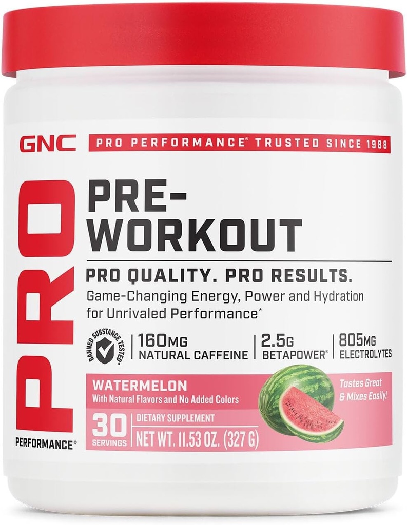 GNC Pro Performance Pre Workout Powder for Men and Women, Energy, Hydration, and Focus, Sugar Free, Gluten Free, Performance Supplement, Watermelon, 30 Servings