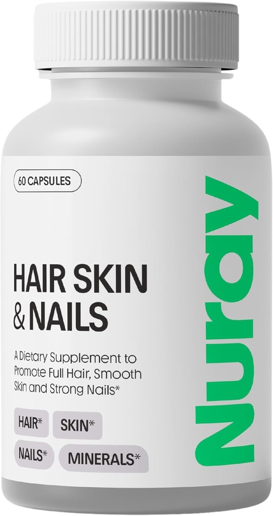 Nuray Hair, Skin & Nails Vitamins – Biotin, Collagen & Hyaluronic Acid – Advanced Hair Growth Supplement – Promotes Beauty, Skin Radiance, & Nail Strength – with Vitamin B Complex – 60 Capsules