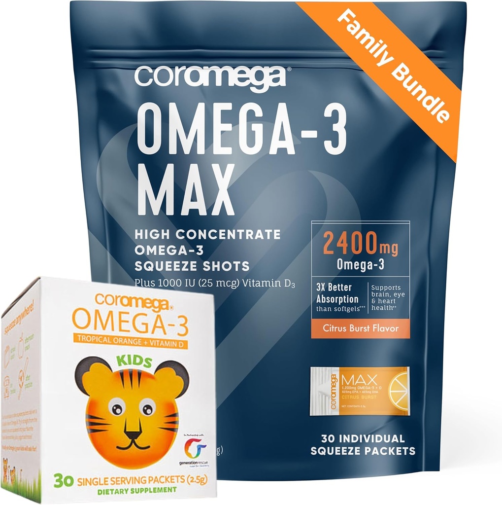 Coromega 家族の束–大人及び子供のための Omega-3 の魚油及び子供(60 のスクイーズのパケット) 2400mg/650mg Omega-3 + ビタミン D、3X より多くの吸収の丸薬、魚介類の後味無し、Citrus Burst 及び熱帯オレンジ