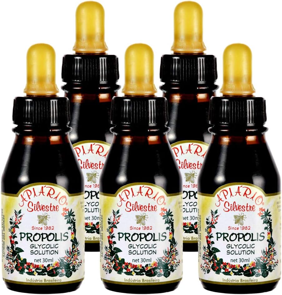 Official Distributor - 5 Bottles of Apiario Silvestre Brazilian Green Bee Propolis Liquid Glycolic Extract-Non Alcoholic, Wax Free, Sugar Free (PG)