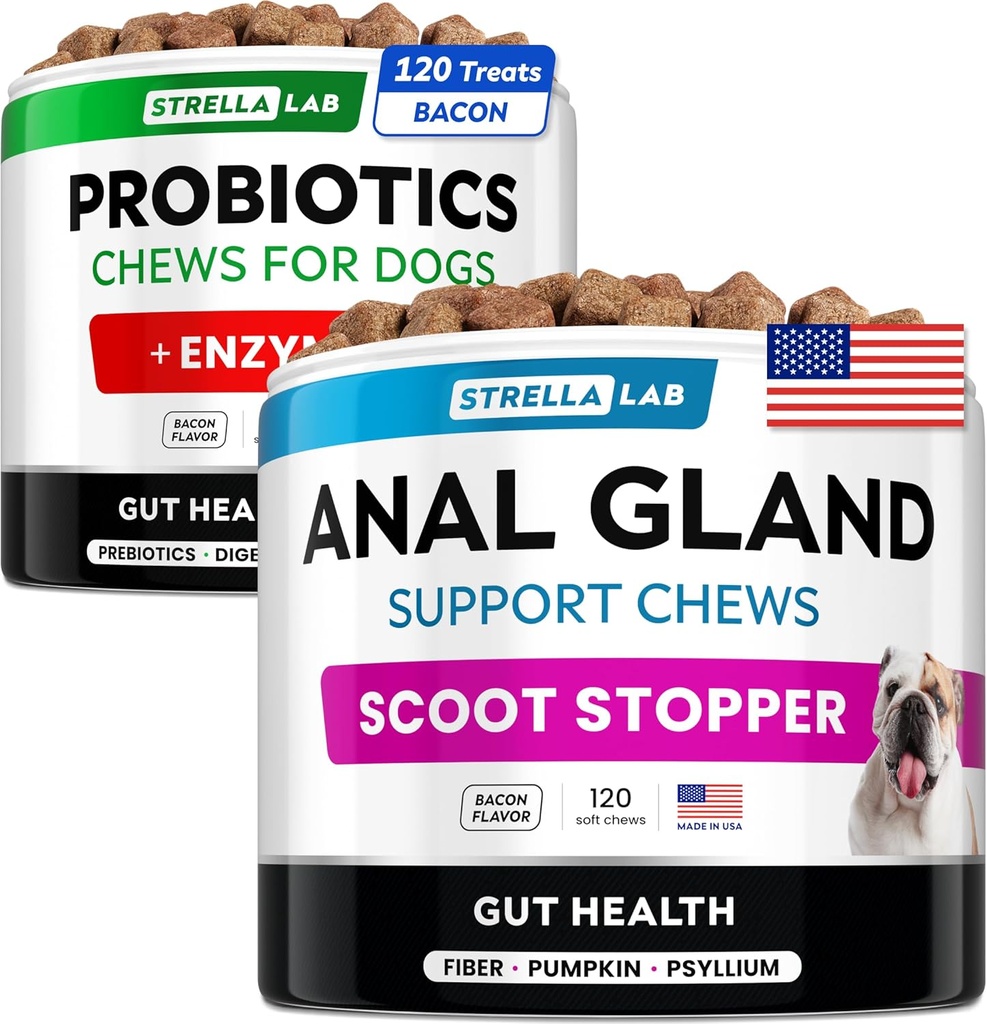 Probiotics + Anal Gland Support Dogs Bundle - Digestive Enzymes & Prebiotics - Allergy, Diarrhea, Constipation & Scoot Treatment - Fiber Supplement for Digestion, Gut Health & Immunity - Made in USA
