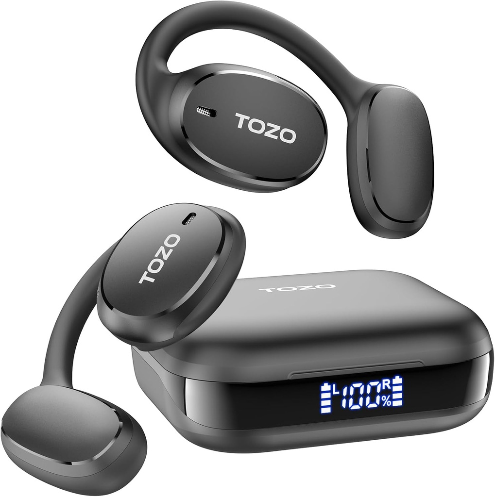 TOZO OpenEgo Open Earbuds Bluetoothヘッドフォン、80Hrsプレイタイムワイヤレスイヤホン(Earhooks、Digital Display、32 EQモード、クリアコール、快適なウェア、ランニングワークアウトブラック用のスウェットプロフ)