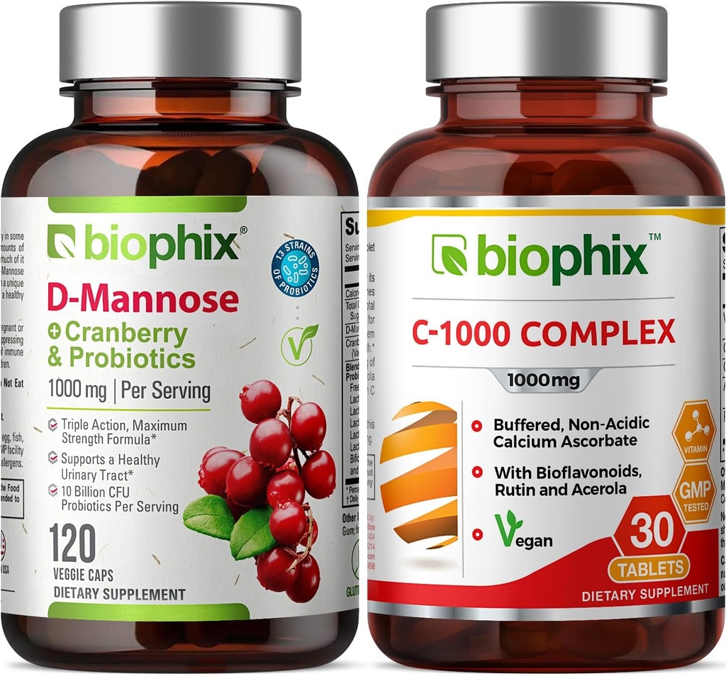 Biophix D-Mannoseプラスクランベリープロバイオティクス1000 mg 120 Vcaps - 無料のビタミンC-1000 30錠 - 尿膀胱トラクト健康と消化ウェルビーイングをサポート