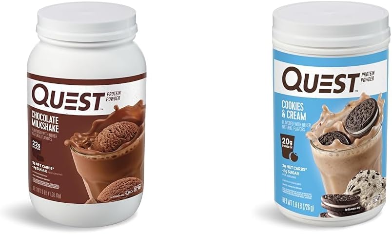 Quest Nutrition Chocolate Milkshake Protein Powder, 22g Protein, 1g Sugar, Low Carb, Gluten Free, 3 Pound, 43 サービング&クッキー&クリームプロテインパウダー; 20g Protein; 1g Sugar; Low Carb; Gluten Free