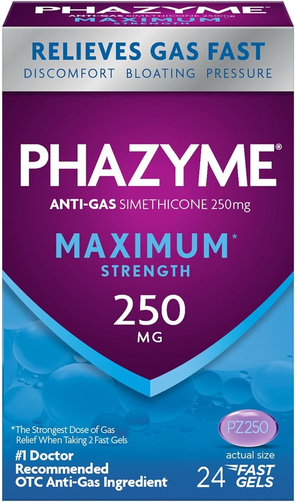 Phazymeの最高*強さの反ガス250のmgの大人のためのシメチコンのガスの救助、速いゲルはBloating、圧力及び不快、24の計算をすぐに感じます