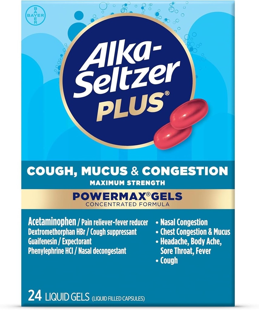 Alka-Seltzerプラス最大強度の咳、Mucus&Congestion Powermax液体ゲル、高速かつ効果的な胸の混雑緩和、咳の抑制剤、大人と子供12歳と24歳