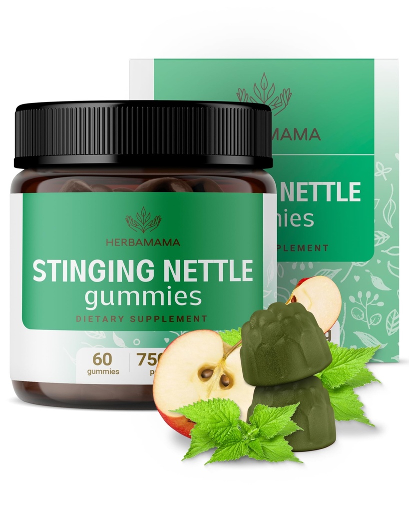 HERBAMAMA Stinginging Nettle Gummies - 女性と男性のための尿路支援のためのイラクサの根本抽出物7500mg - 完全菜食主義者の非GMOのウリカのサプリメント - 60ペクチンベースのApple風味の咀嚼