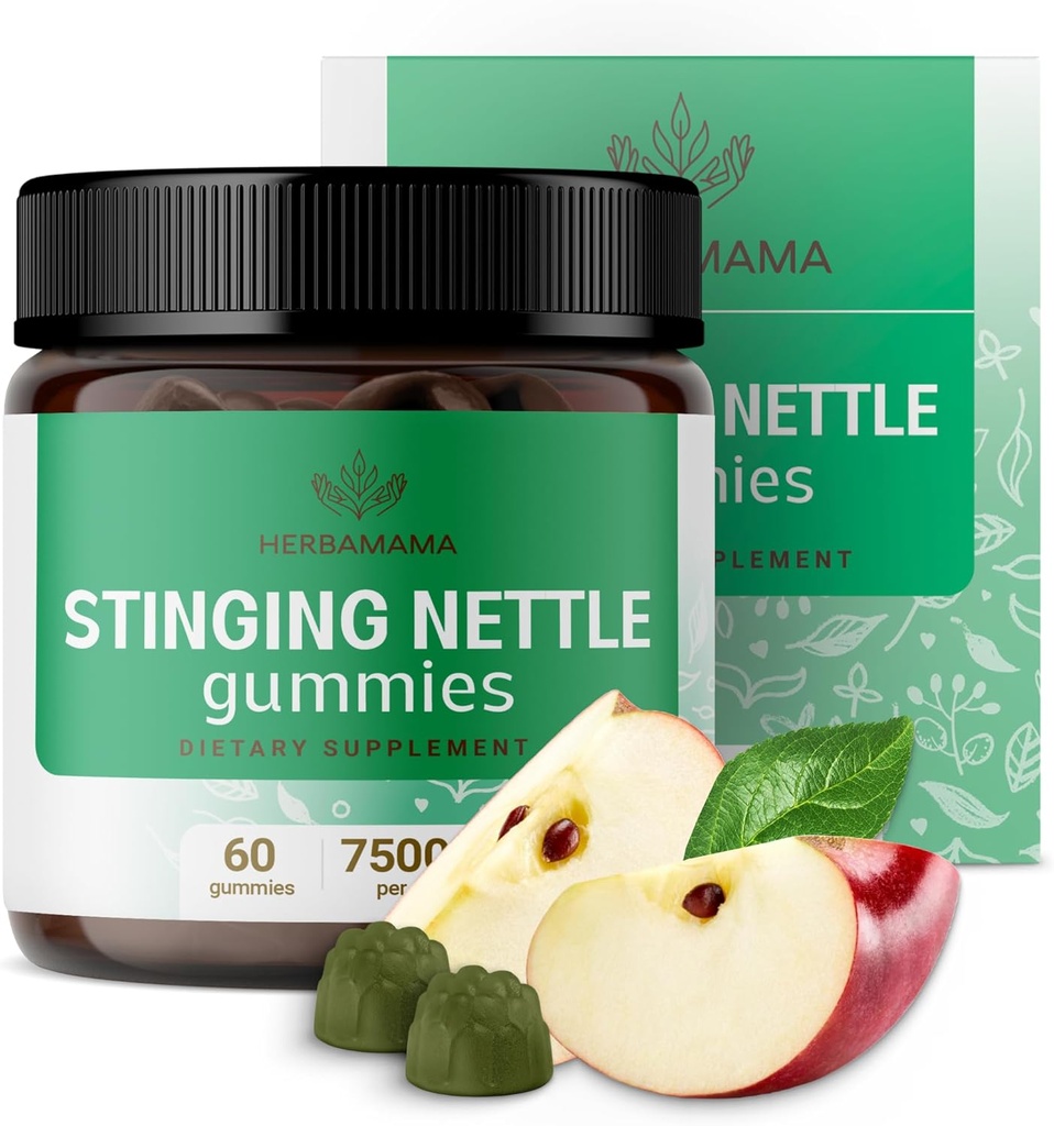 HERBAMAMA Stinginging Nettle Gummies - 女性と男性のための尿路支援のためのイラクサの根本抽出物7500mg - 完全菜食主義者の非GMOのウリカのサプリメント - 60ペクチンベースのApple風味の咀嚼