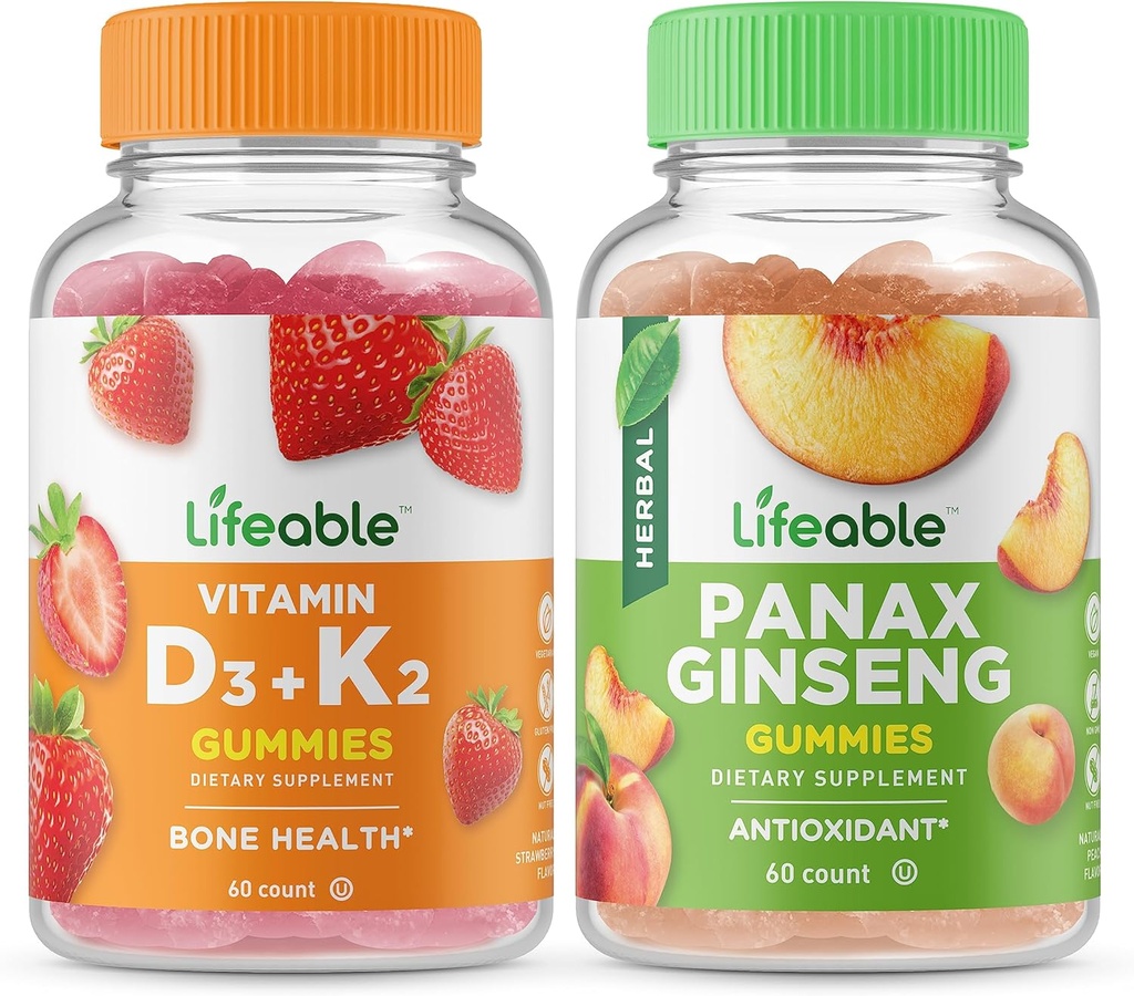 通気性ビタミンD3 +ビタミンK2 + Panax Ginseng、グミーズバンドル - 偉大なテイスティング、ビタミンサプリメント、グルテンフリー、GMOフリー、Chewable Gummy