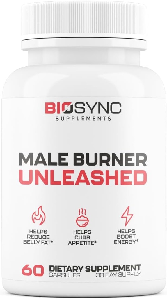 BioSync - Male Burner UNLEASHED | Fat Burner for Men Weight Loss Pills | Appetite Suppressant, Carb Blocker, Energy Booster | 6 Ultra Dosed Powerful Ingredients | Safe 3rd Party Tested - 60 Capsules