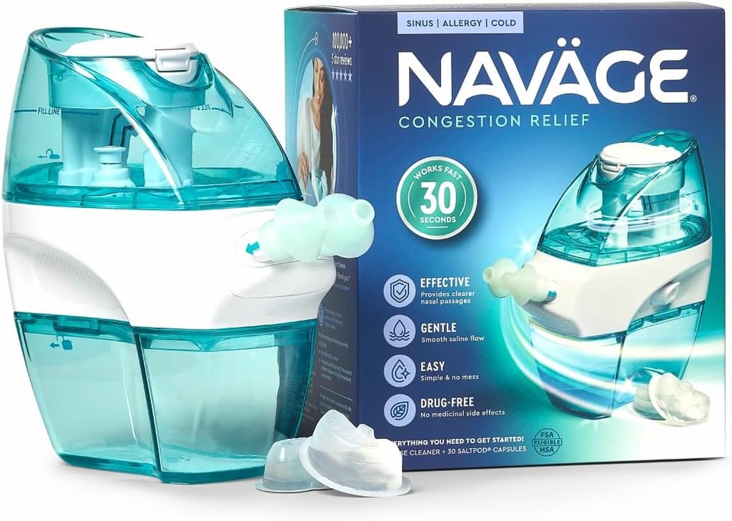Navage Starter Bundle - Nasal Irrigation System - Saline Nasal Rinse Kit with 1 Navage Nose Cleaner and 30 Salt Pods
