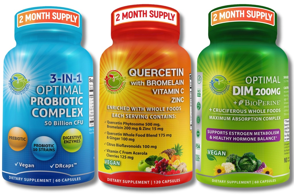 ビーガンホルモン, 免疫 & 腸の健康サポートバンドル – クロメランとケルセチン500mg, 亜鉛 & ビタミンC + BioPerineとDIM 200mg + 3-in-1プロバイオティクス50ビリオンCFUと消化酵素&プレバイオティクス