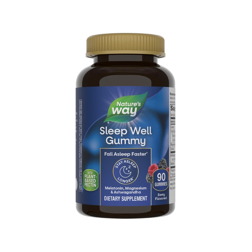 Nature's Way Sleep Well Melatonin and Magnesium Gummies、Ashwagandha、Berry Flavored、90 Gummiesと大人のための睡眠サポート