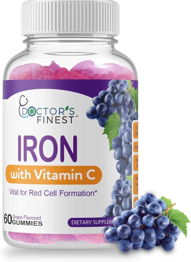 Doctors Orders Iron 10mg Vitamin C Gummies, Vegetarian GMO-Free Gluten Free, Great Tasting Natural Grape Flavor Gummy Vitamins, Dietary Supplement, Red Cell Formation, for Adults and Kids, 60 Gummies