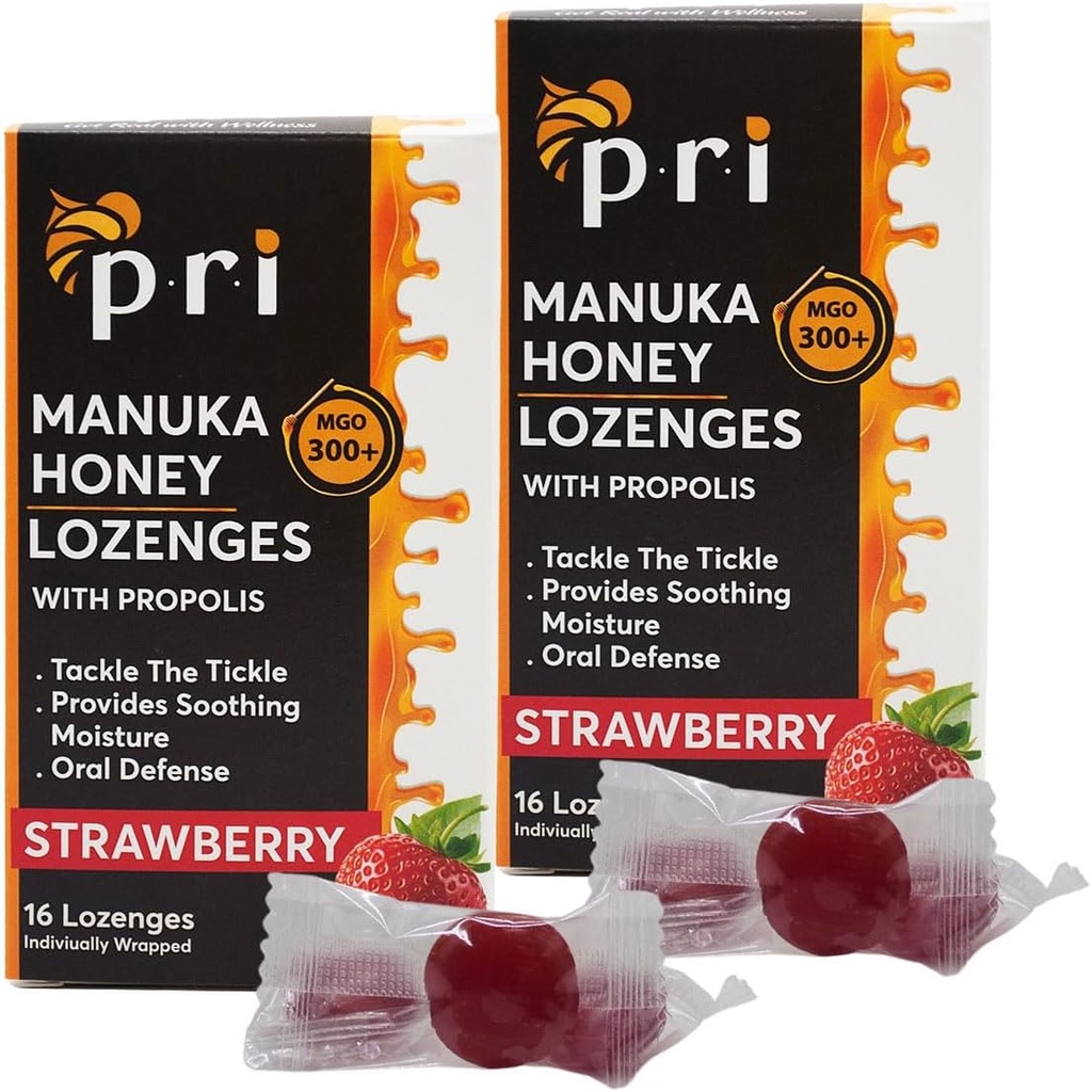 P.R.I Manuka Honey Lozenges with Propolis, Soothing Cough and Throat Drops, MGO 300+ 認定 (イチゴ, 16 カウント/2 パック)