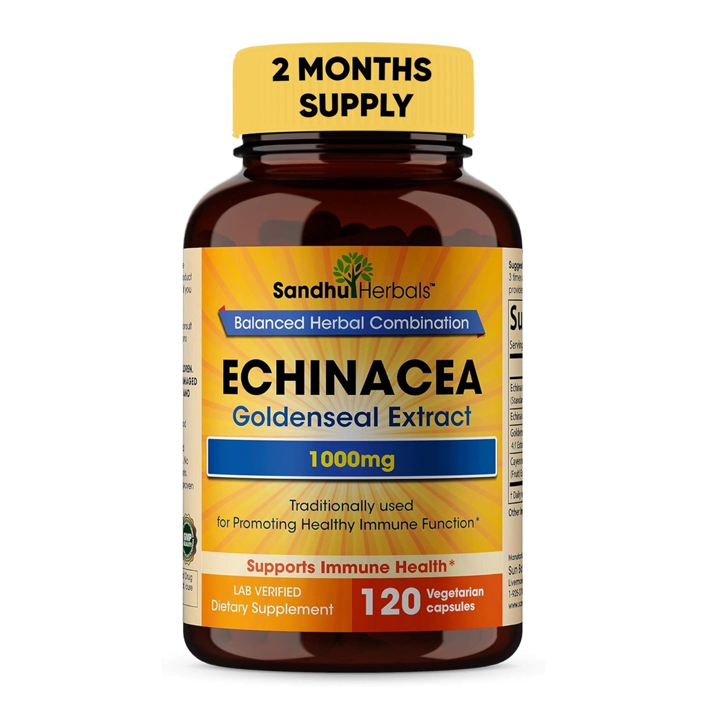 SANDHUHERBALS Sandhuの草のEchinaceaのGoldenseal 1000 Mg 120のカプセル 免疫システム サポート呼吸器応答の補足