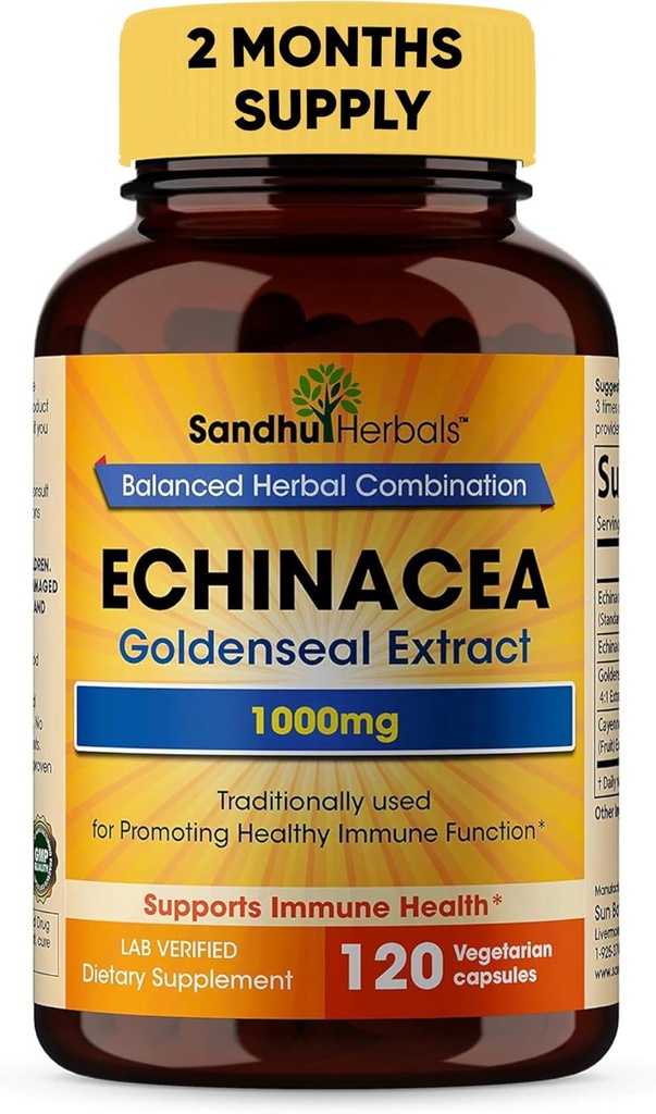SANDHUHERBALS Sandhuの草のEchinaceaのGoldenseal 1000 Mg 120のカプセル 免疫システム サポート呼吸器応答の補足