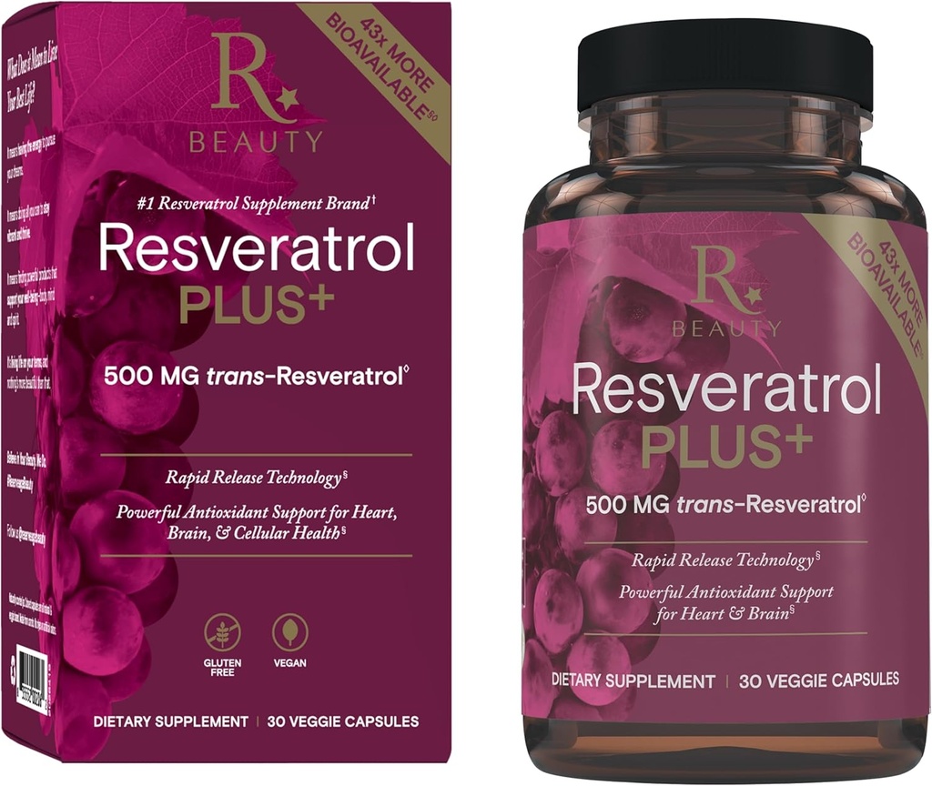 リザーベージビューティレスベラトロールプラス500mg - 免疫システム、脳の健康と細胞の健康 - グルテンフリー&ビーガン - 30ベジギーカプセル