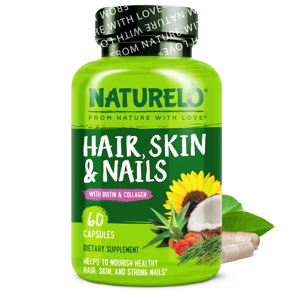 NATURELOの毛、皮および釘のMultivitamin - 5000のmcgバイオチン、コラーゲン、自然なビタミンE -健康な皮のための補足、女性のための毛の成長および人60のカプセル