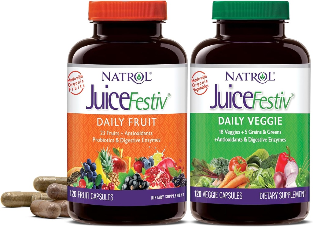 Natrol JuiceFestiv、究極のフルーツとベジギースーパーフードはバランスの取れた栄養と全体的なウェルビーイングをサポートするだけでなく、セルラーヘルス、120カプセル(2-カウント)、最大60日の供給
