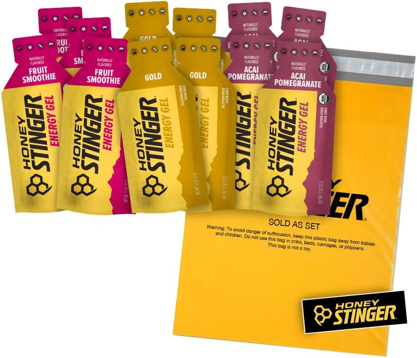 Honey Stinger Organic Energy Gels – Variety Pack with Sticker­ – 12 Count – 4 of Each Flavor – Energy Source for Any Activity – Acai Pomegranate, Gold & Fruit Smoothie