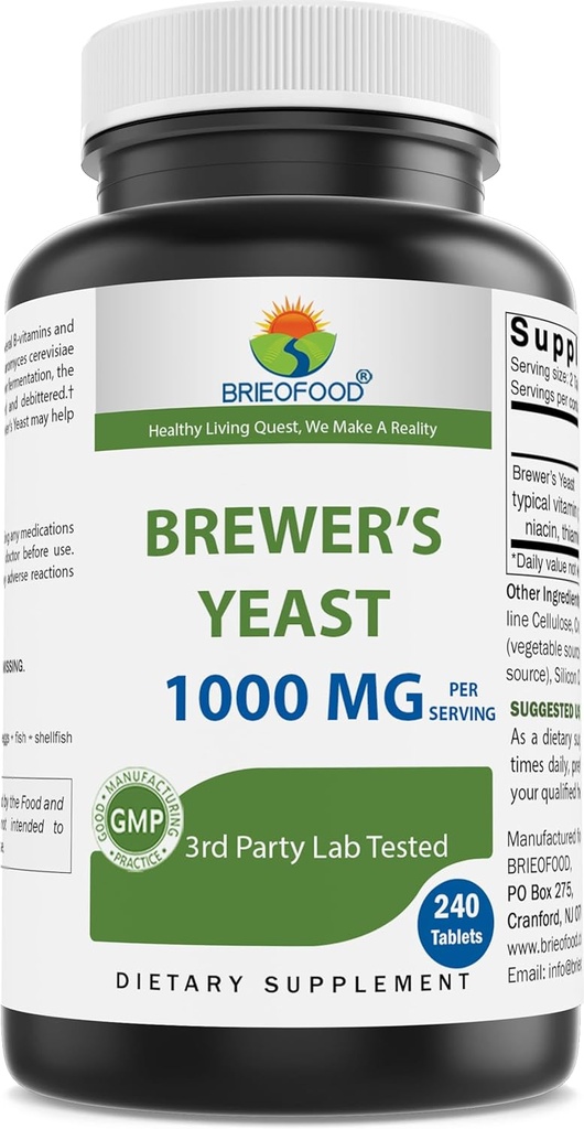 Brieofood Brewers Yeast 1000 mg per Serving - 240 Tablets - 3rd Party Labe Tested for Purity & Quality