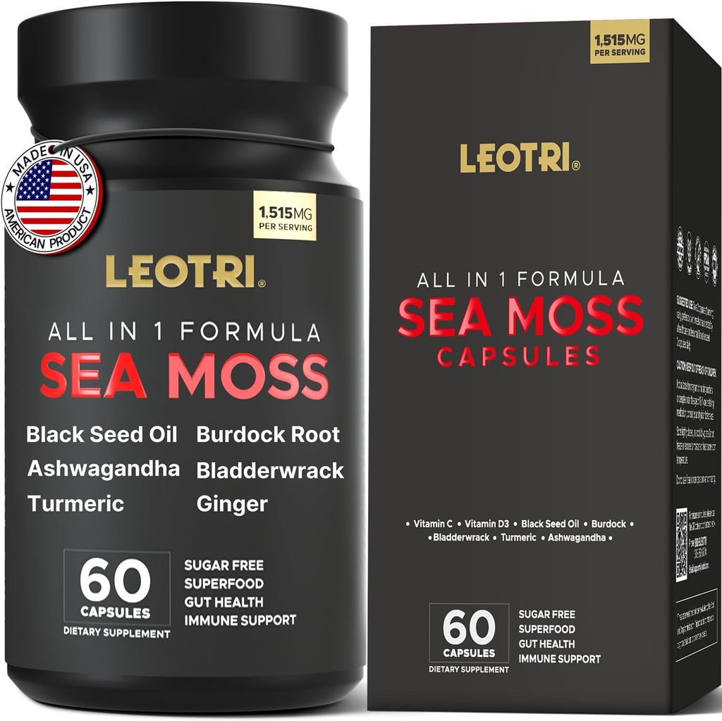 Organic Irish Sea Moss Capsules: Sea Moss 10500mg Black Seed Oil 6000mg Turmeric 3000mg Ashwagandha 3000mg Bladderwrack 3000mg Burdock Root 3000mg Ginger for Skin Gut Health Superfood 60 Capsules