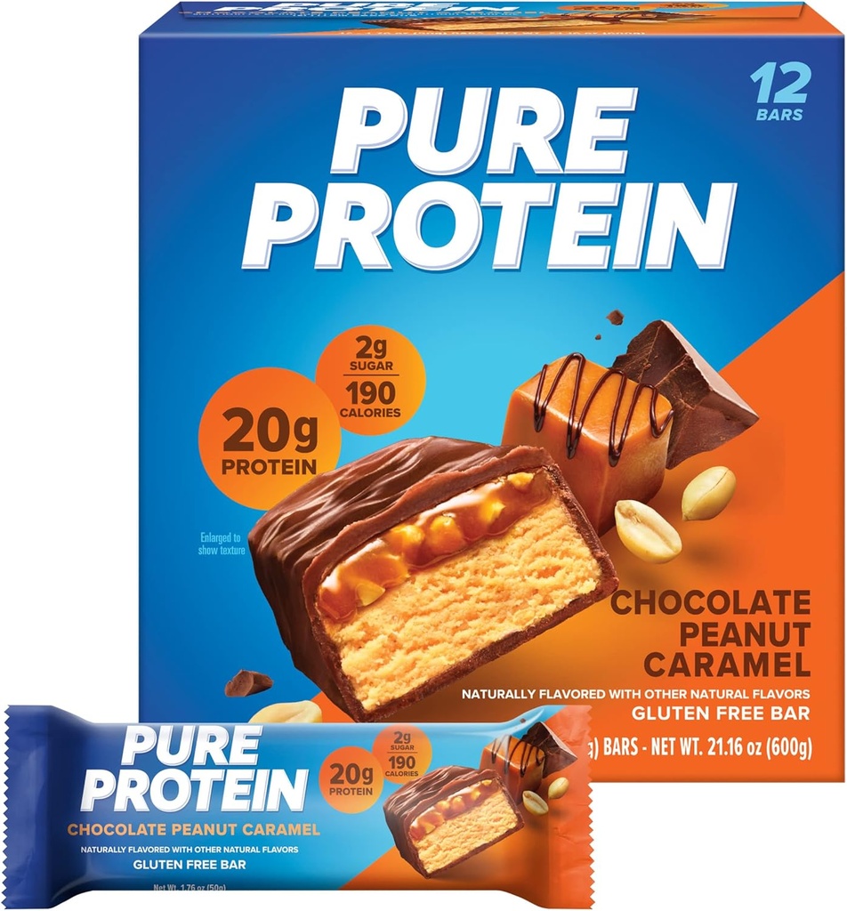 Pure Protein Bars, High Protein, Nutritious Snacks to Support Energy, Low Sugar, Gluten Free, Chocolate Peanut Caramel, 1.76oz, 12 Count (Pack of 1) (Packaging May Vary)