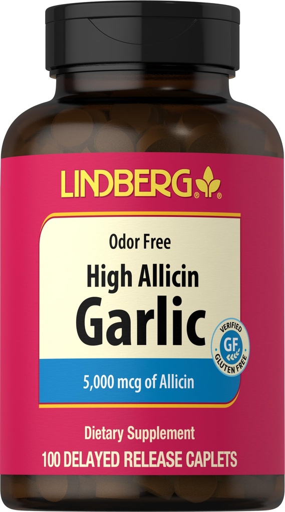 Lindberg Garlic Supplement Pills | 500mg | 100 Caplets | High Allicin(5000mcg)の無臭 | Allium Sativum Extract | 非GMO、グルテンフリー