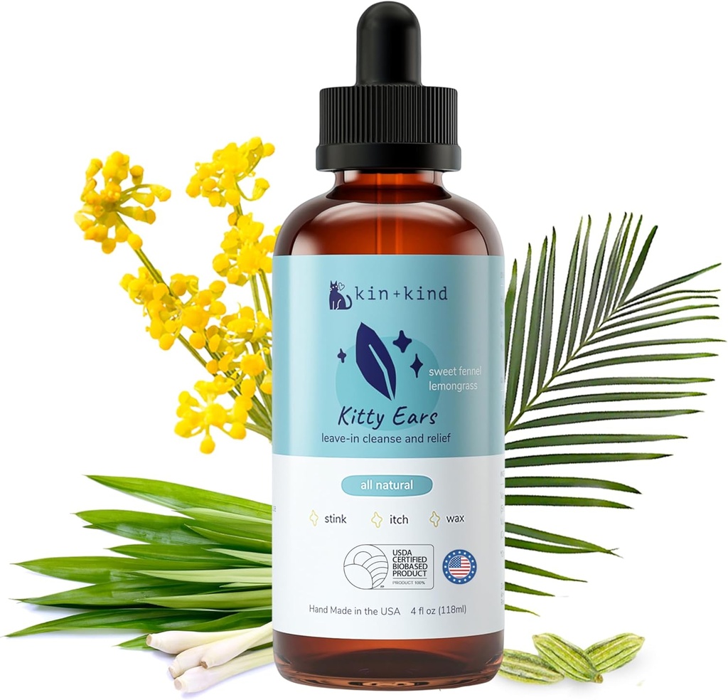 kin+kind Cat Ear Cleaner - Cat Ear Drops、Vet Ear Solutions、Wax、Odor、Itchy Irritation、Cat Ear Cleaner Solution、Natural In-Home Pet Grooming - 米国製