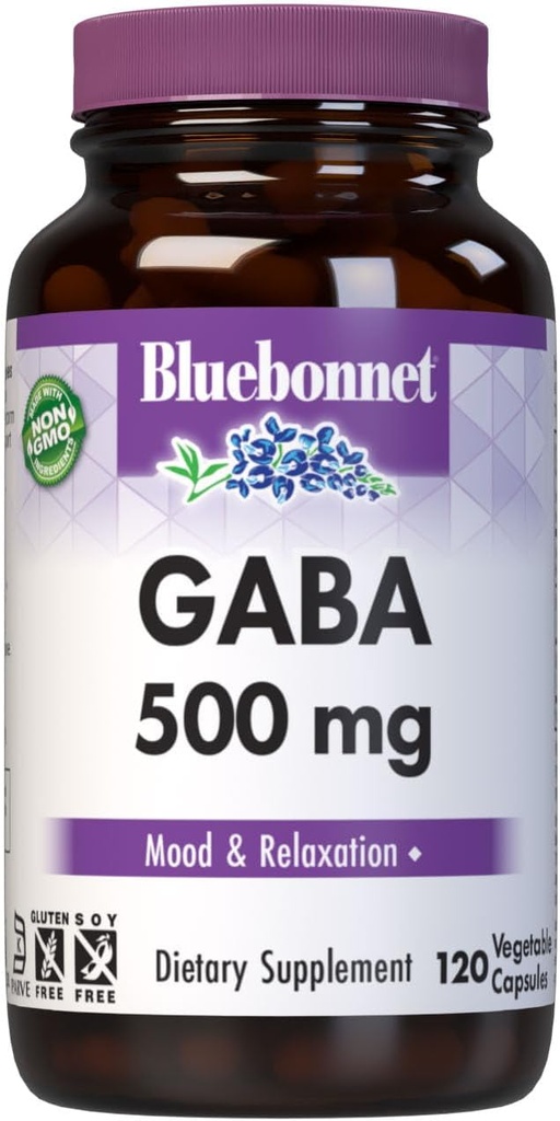 BlueBonnet栄養GABA 500mg、ストレスリリーフ*、サポートリラクゼーション*、コーシャ、ビーガン、グルテンフリー、大豆フリー、非GMO、120野菜カプセル、120サービング