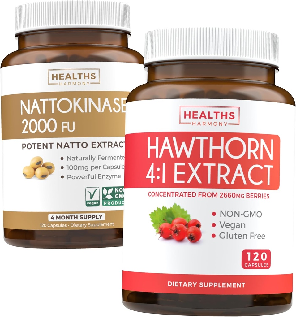 Nattokinase & Hawthorn (4ヶ月の供給) Nattokinase Berry Harmony - Nattokinase 2000 FU 強力自然発酵大豆 (4ヶ月の供給) & Hawthorn Berry 4:1 エキス - ビーガンおよび非GMO