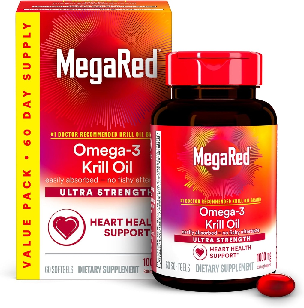 MegaRedの超強さ1000mg Omega-3のKrillオイルはEPA/DHA、Astaxanthin及びPhospholipids、魚油のAftertasteサポート中心、頭脳、接合箇所および目の健康、60の計算Softgelsを補います。