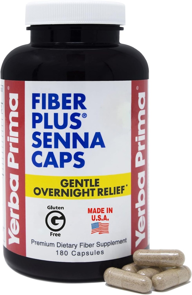Yerba Prima Fiber PlusのSennaのカプセル、180の計算 - Gentleの一晩の救助、米国作られた非GMOは、短期使用のために規則性を回復します