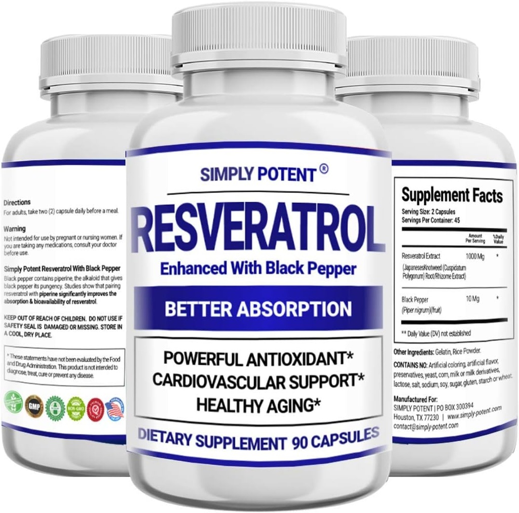 Resveratrol 1000mgの補足、トランスResveratrol 500mgのResveratrolは最高の吸収のための黒いペッパー、強力な酸化防止及び中心、免疫及び皮の健康、90のカプセルのための反老化の丸薬と高めました