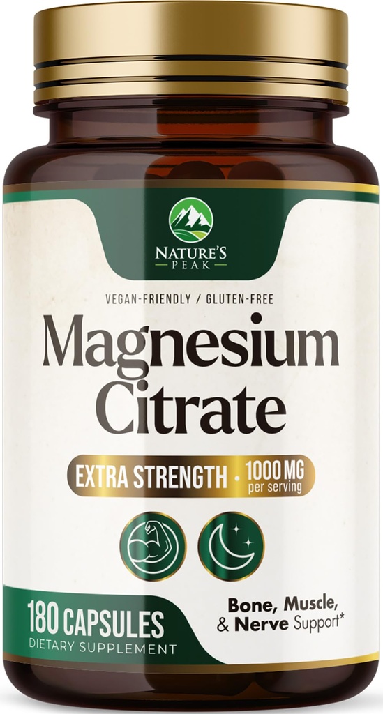 マグネシウムのクエン酸塩1000mg - 高吸収のマグネシウムの補足は筋肉、骨、神経及び中心の健康を支えます - 余分強さのMagnesioの複雑な丸薬-非GMOの優れたエネルギー方式- 180のカプセルを支えます
