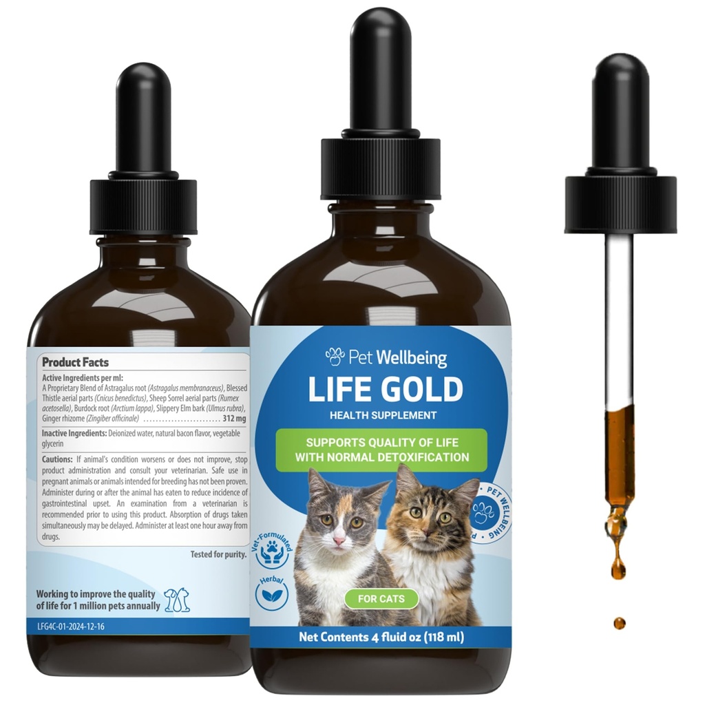 猫のためのペットウェルビーイングライフゴールド - 解毒、免疫システム健康、抗酸化剤 - Vet-配合ハーブサプリメント - 4 オンス(118 ml)
