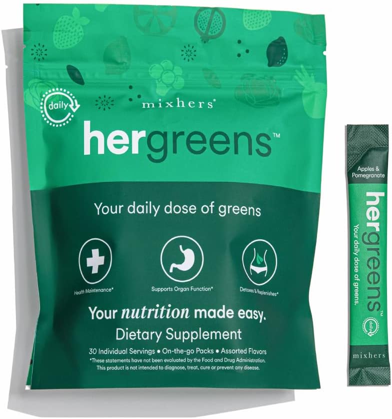 MIXHERS Hergreens - Greens & Veggie Powder - Made from Whole Foods - with Digestive Enzymes & Kale - Nutrition Designed for Women - Support Heart & Liver - 15 Drink Packets - Pink Grapefruit