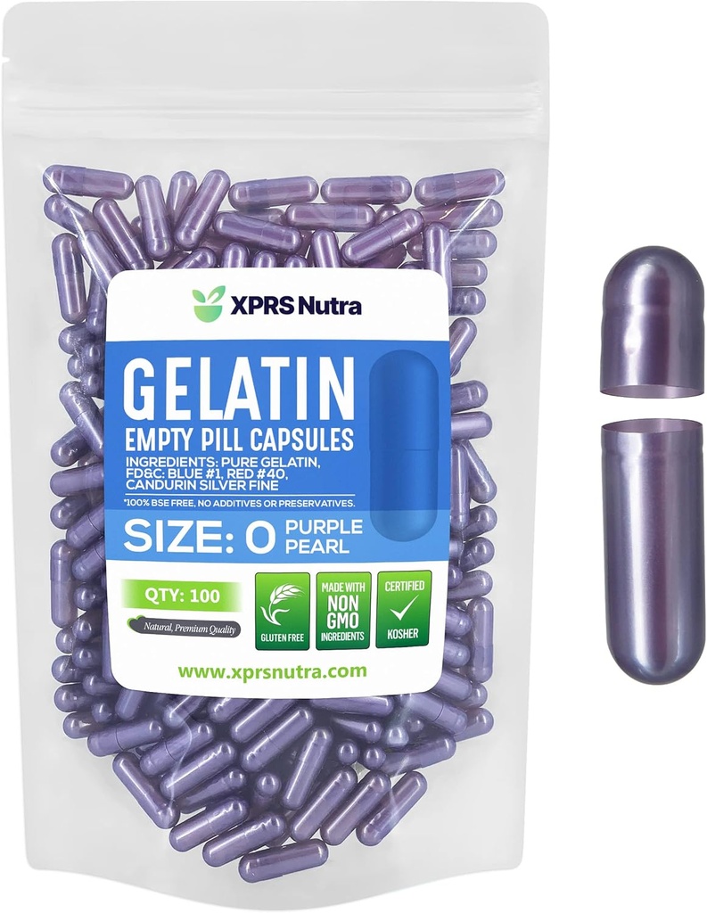 XPRSのNutraのサイズ0の空のカプセル- 100の計算の空のゼラチンのカプセル-DIYのカプセルの詰物のための丸薬-D-It-Yourselfの補足のための純粋な牛の丸薬のゲルの帽子(真珠の紫色)