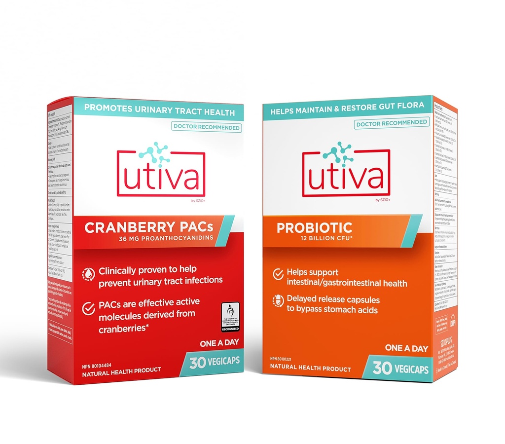 10% バンドル Utiva 36PAC パワーバンドル | 30 日 | 36mg 可溶性クランベリー PAC (DMAC/A2) と 30B CFU プロバイオティック パワー (Lactobacillus と Bifidobacterium Strains) | ローカルで作られています。
