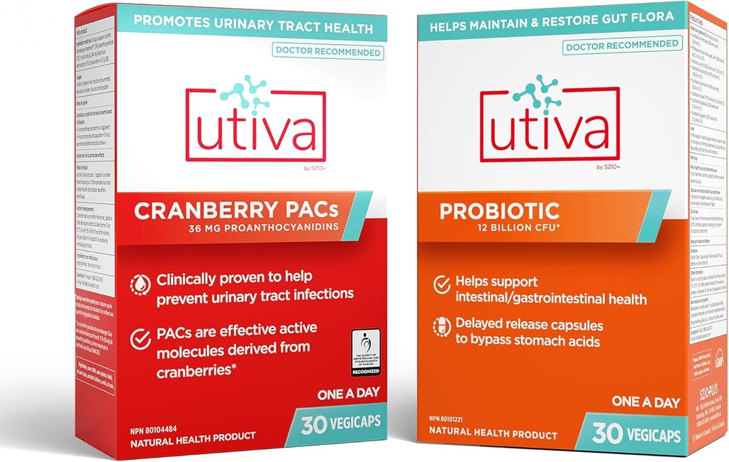 10% バンドル Utiva 36PAC パワーバンドル | 30 日 | 36mg 可溶性クランベリー PAC (DMAC/A2) と 30B CFU プロバイオティック パワー (Lactobacillus と Bifidobacterium Strains) | ローカルで作られています。